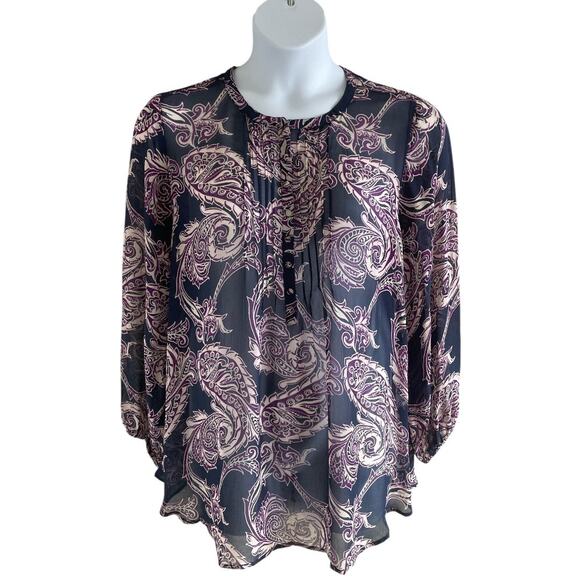 Lucky Brand Popover Tunic Top Long Sleeve Sheer Blue Purple Paisley 1X - Picture 1 of 8
